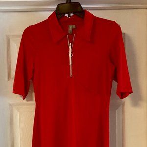 Red A-line dress with collar and silver zip ring accent